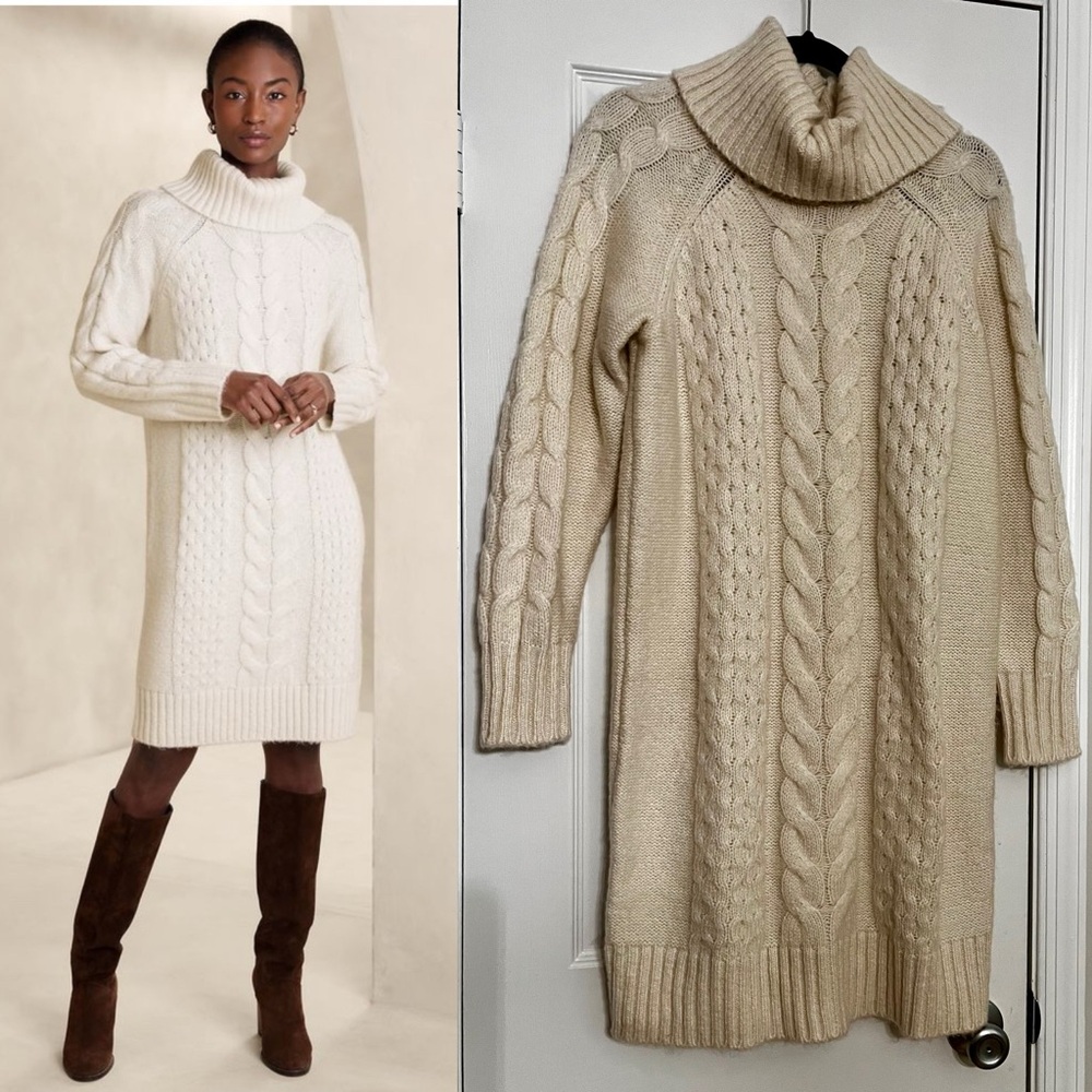 Cable Knee-Length Sweater Dress- Cream-Sz M Banana Republic Factory